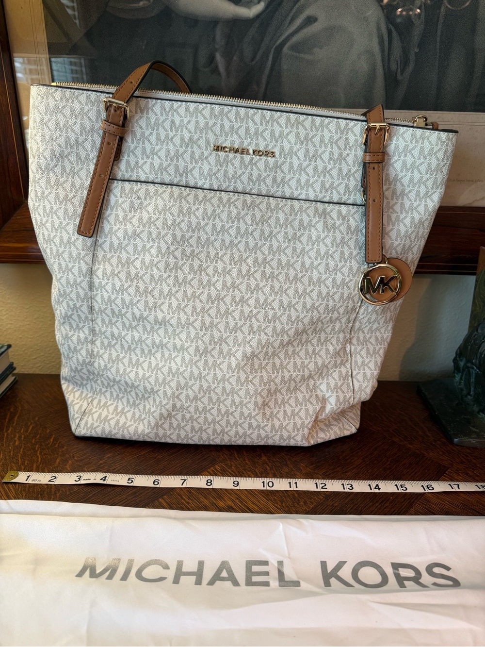 NWT Michael Kors White MK Logo Tote with Tan Leather Trim and dust bag